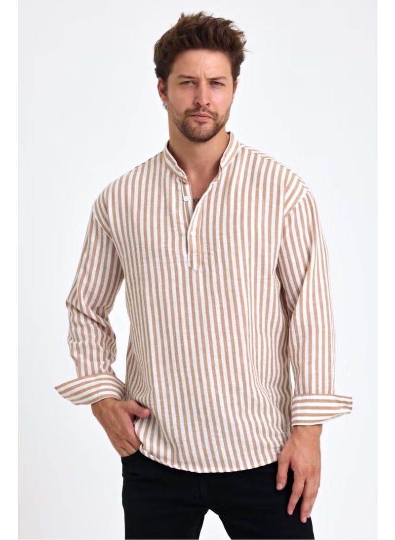 Cool Tarz Cool Style Striped Mandarin Collar Linen Three Button Men's Shirt - Image 5